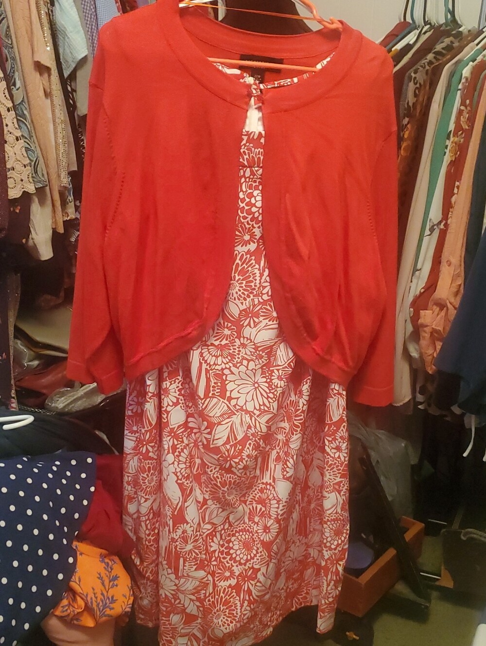 Perceptions Red and White Floral Midi Dress with Red Cardigan